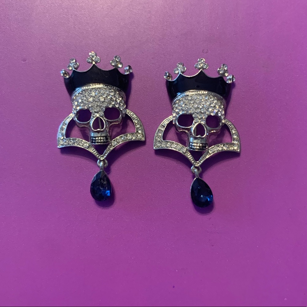 Pair of Antique Skull Brooches. Clear CZ and black stunning